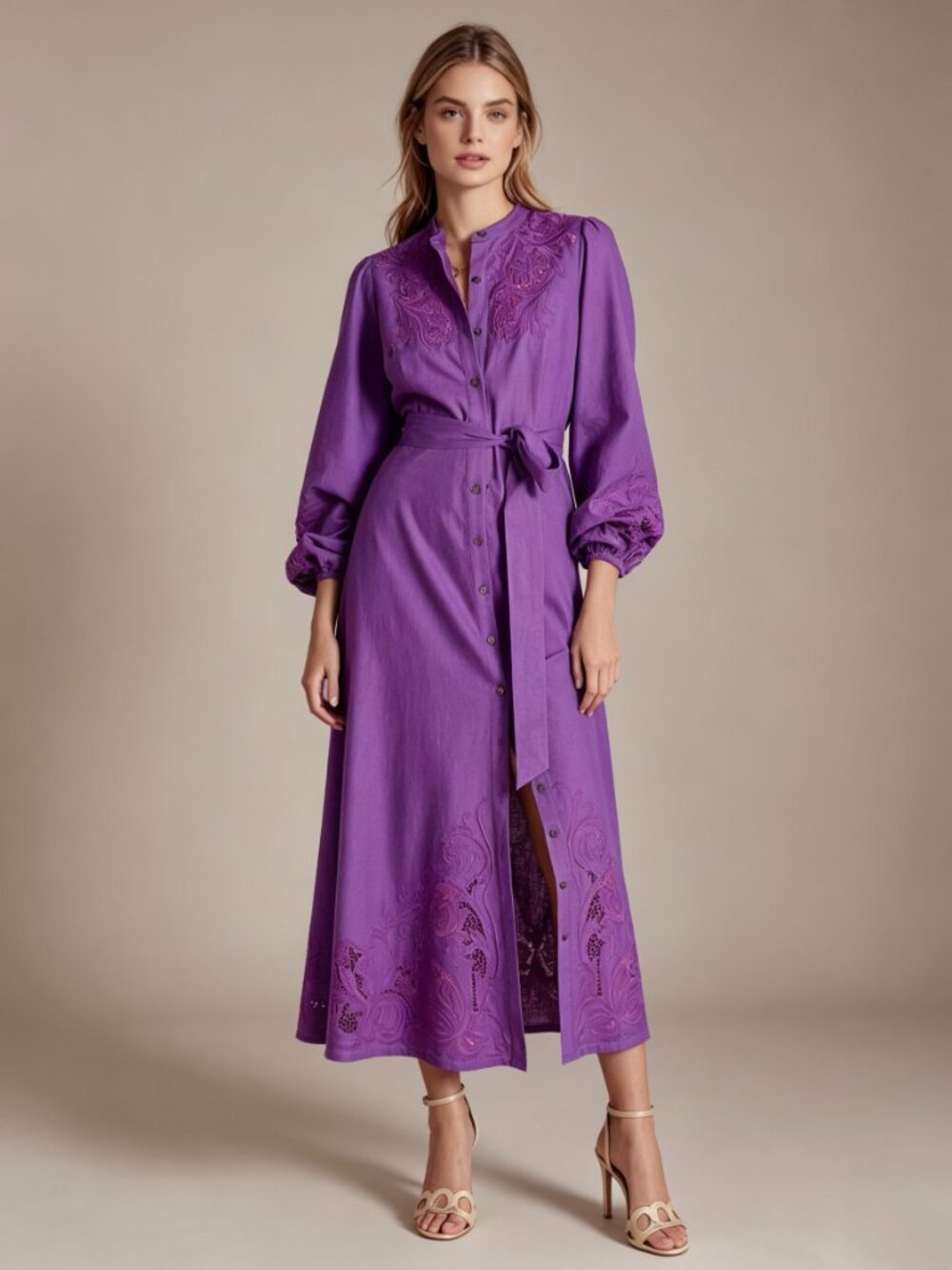 $398 NWOT Boden Mae Embroidered Linen Blend Long Sleeves Midi Dress Size 10 - Picture 2 of 16